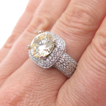 925 Sterling Silver Canary & White C Z Sparkle Ring Size 7