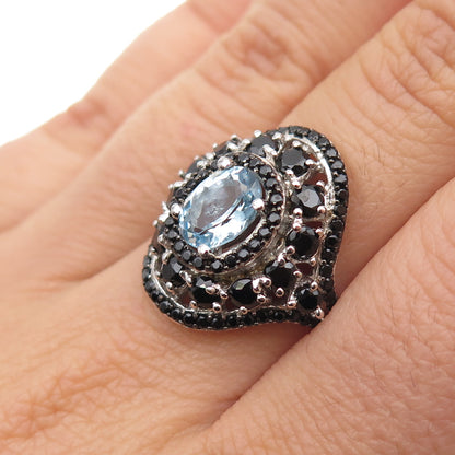925 Sterling Silver Real Aquamarine & Black Spinel Ring Size 7.25