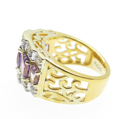 DSMK 925 Sterling Silver Gold Plated Real Purple Sapphire & C Z Ring Size 5