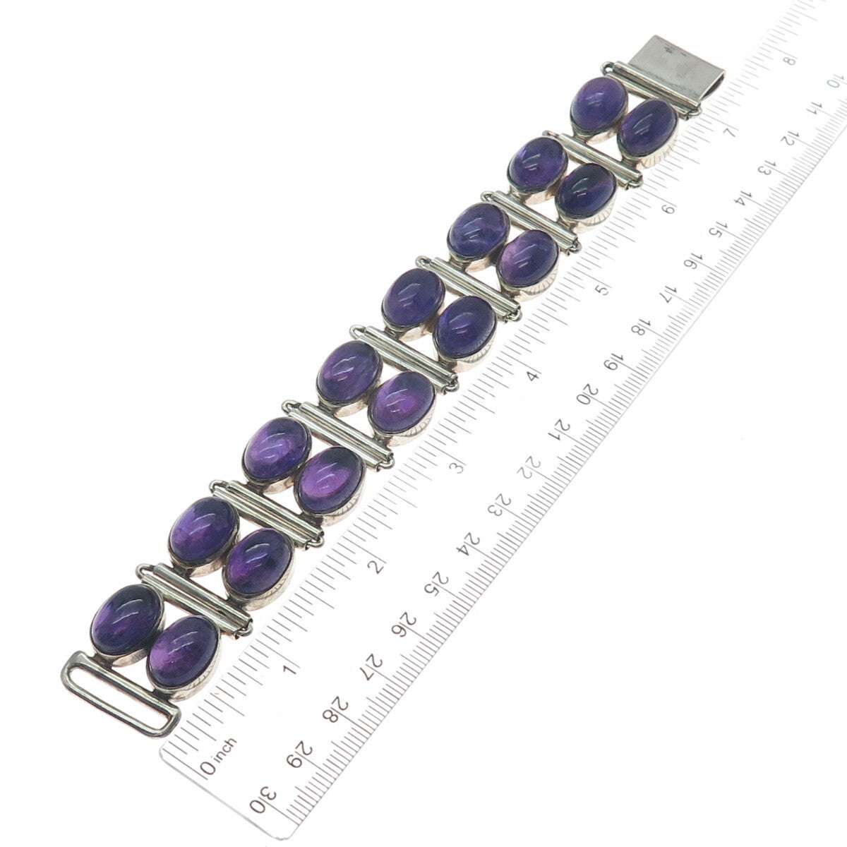 925 Sterling Silver Vintage Real Amethyst Cluster Link Solid 84.3g Bracelet 7"