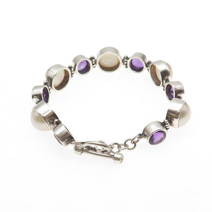925 Sterling Silver Vintage Real Pearl & Amethyst Modernist Bracelet 7"