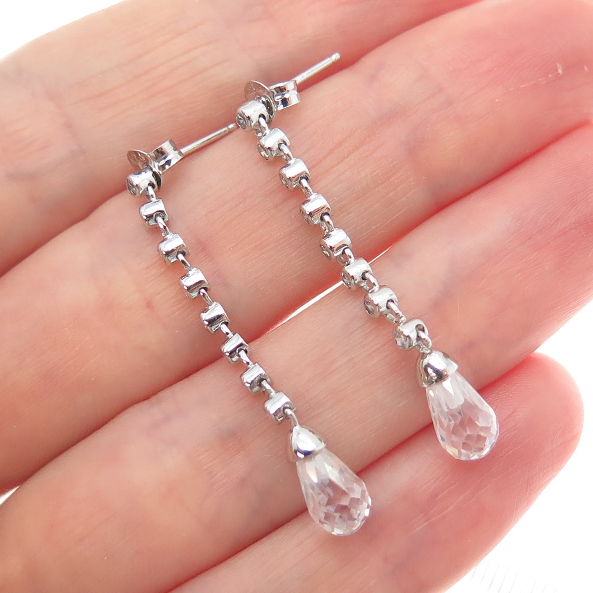 925 Sterling Silver Round & Pear-Cut C Z Chain Drop Dangle Earrings