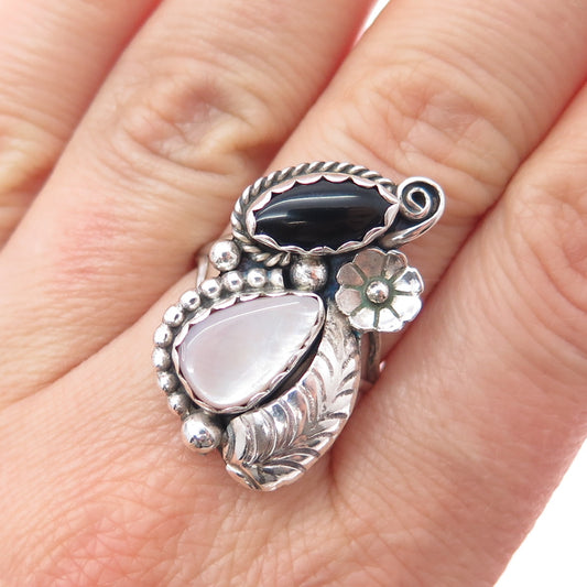 Old Pawn Sterling Silver Vintage Black Onyx & MOP Feather Tribal Ring Size 7.75