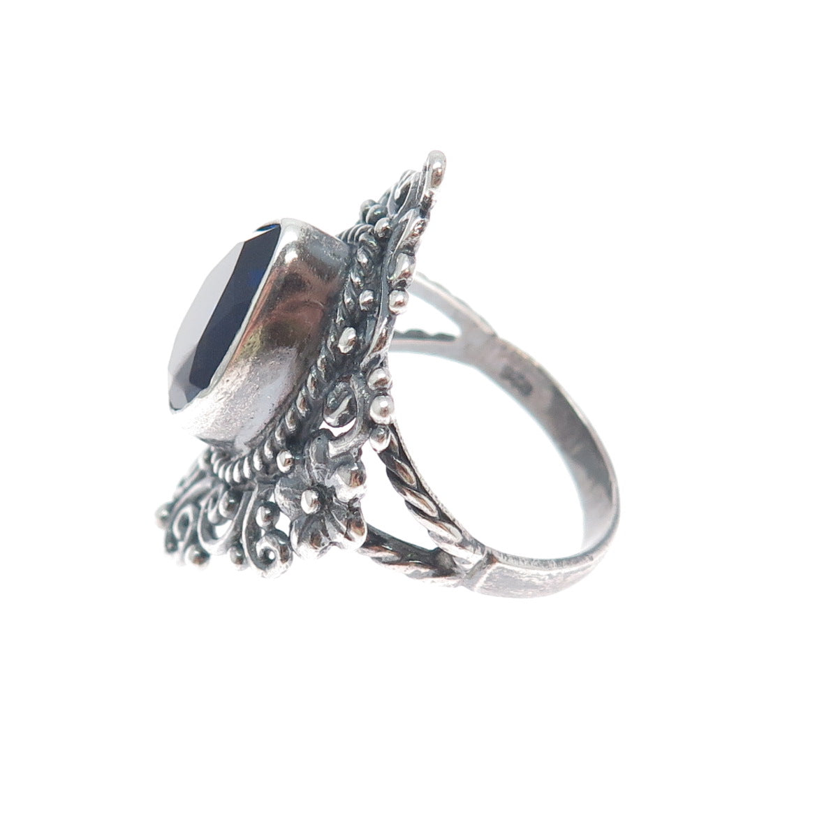 925 Sterling Silver Vintage Lab-Created Sapphire Flower Oxidized Ring Size 8.25