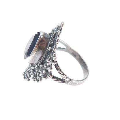 925 Sterling Silver Vintage Lab-Created Sapphire Flower Oxidized Ring Size 8.25