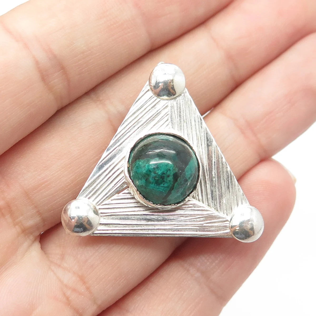 925 Sterling Silver Vintage Real Cabochon Chrysocolla Gem Triangle Pin Brooch