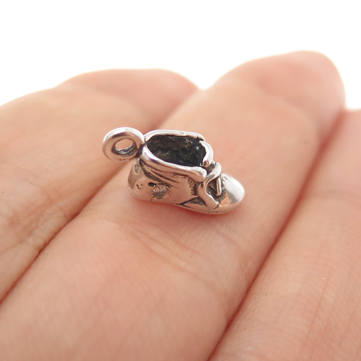 SUNWEST 925 Sterling Silver Vintage Real Diamond Shoe Minimalist 3D Pendant