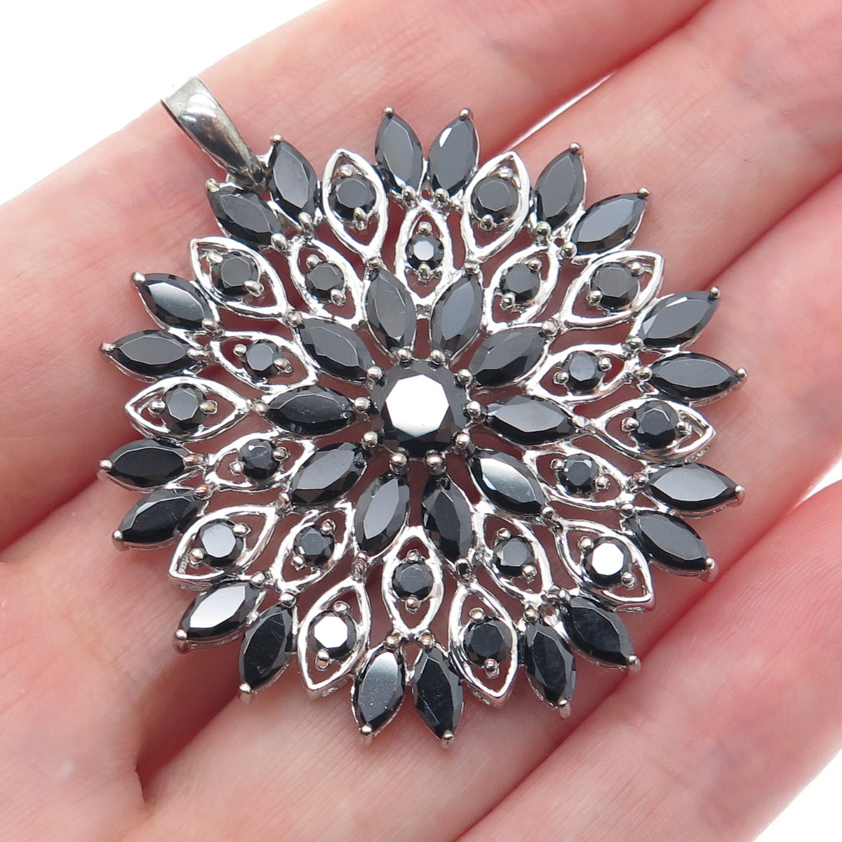 925 Sterling Silver Round & Marquise-Cut Black C Z Flower Cluster Charm Pendant