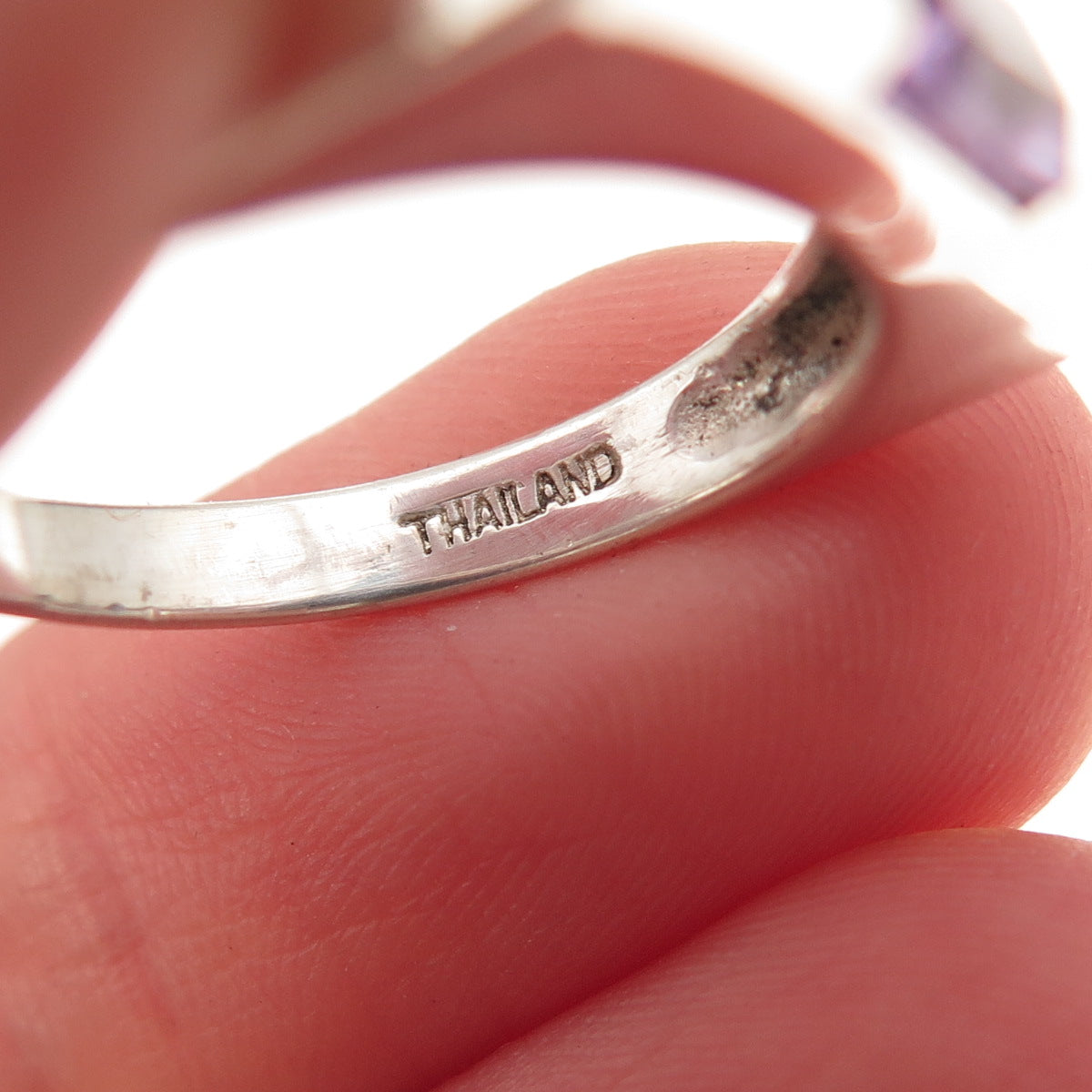 925 Sterling Silver Vintage Real Amethyst Modernist Oxidized Ring Size 7