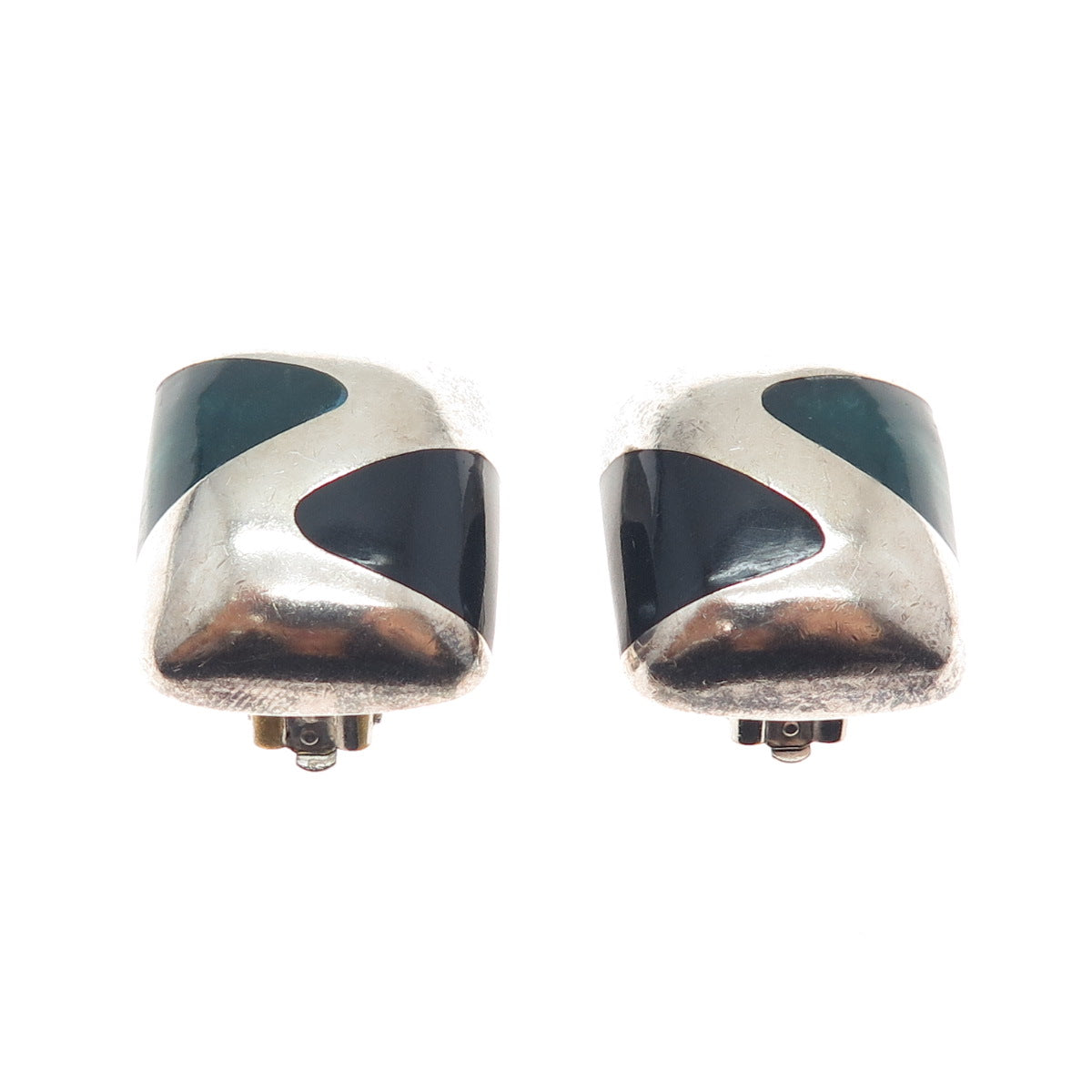 925 Sterling Silver Vintage Mexico Green & Black Onyx Modernist Clip On Earrings