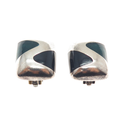 925 Sterling Silver Vintage Mexico Green & Black Onyx Modernist Clip On Earrings
