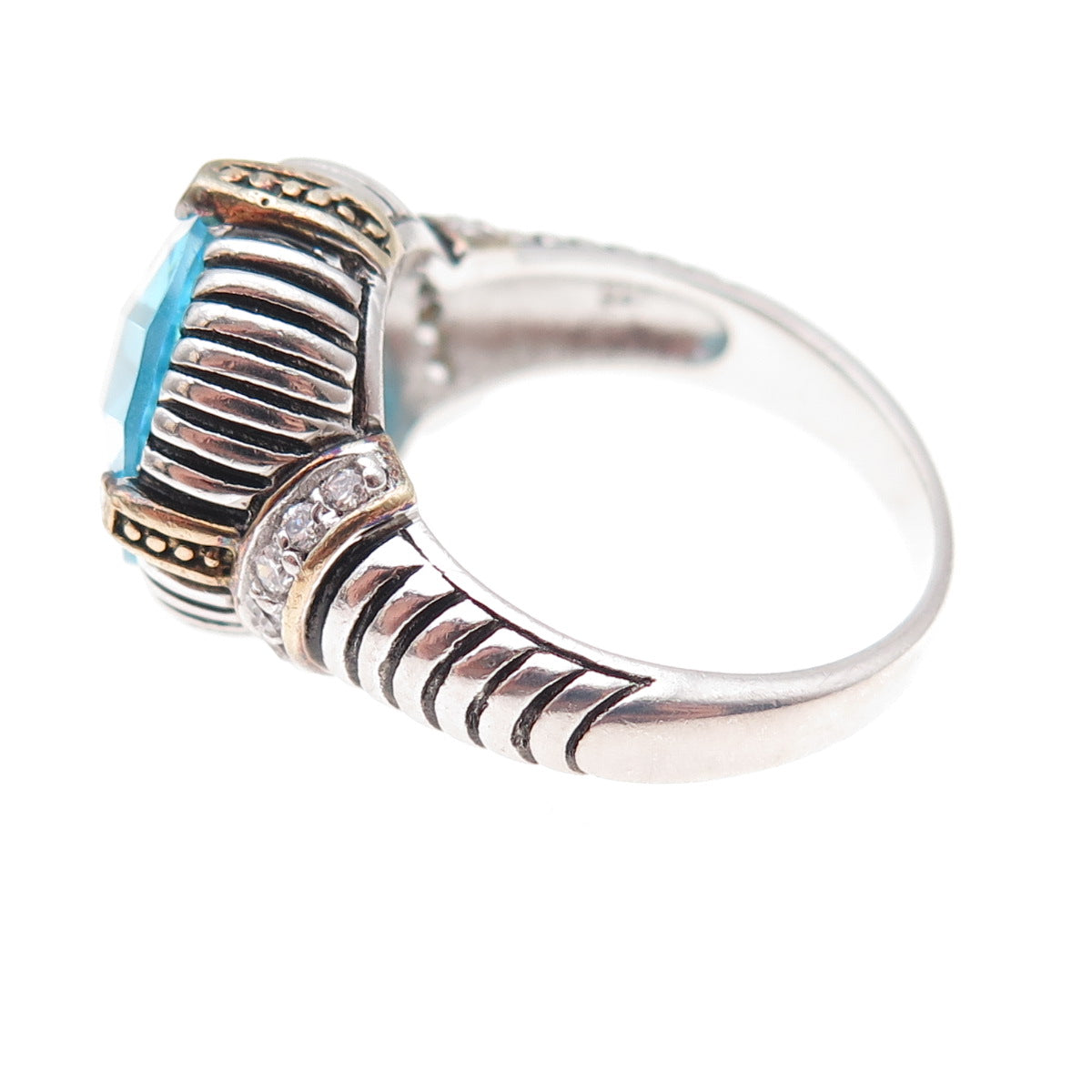 925 Sterling Silver 2-Tone Round-Cut Blue & White C Z Ribbed Ring Size 8.25