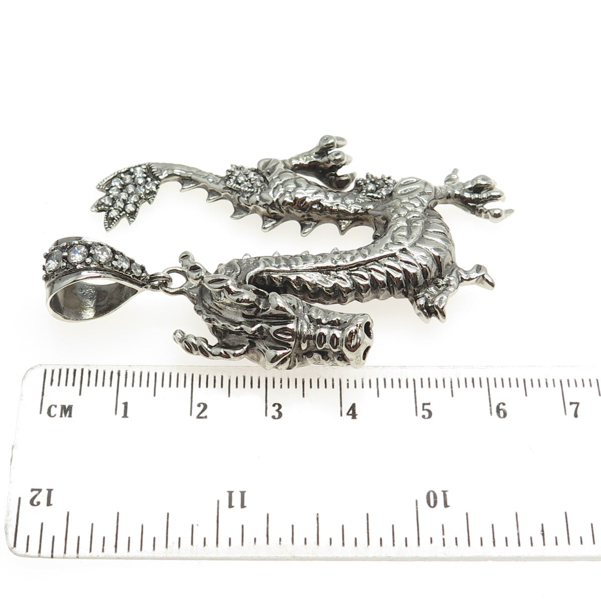 925 Sterling Silver Vintage Round-Cut C Z Chinese Royal Dragon Pendant