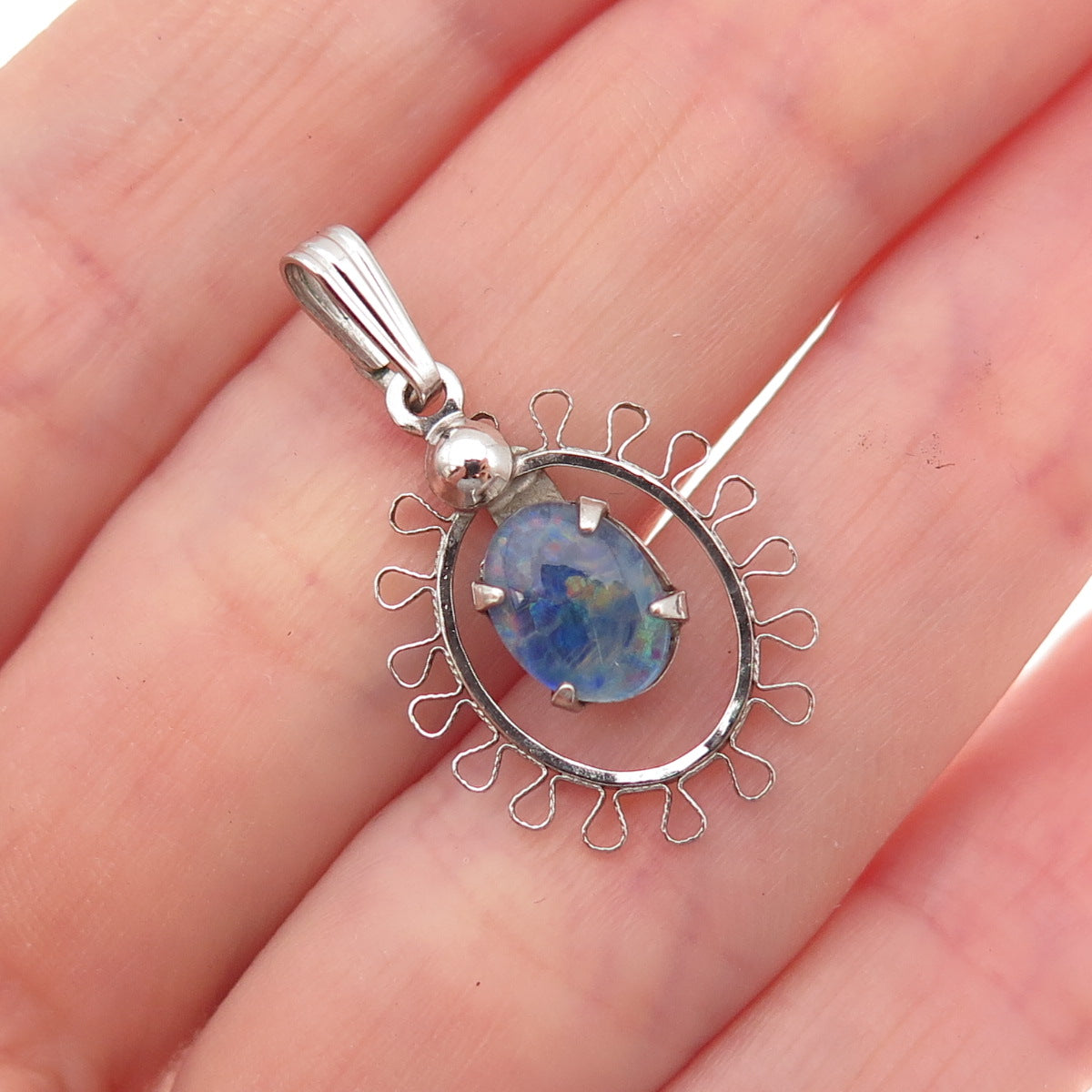 Sorrento 925 Sterling Silver Antique Art Deco Real Black Opal Filigree Pendant
