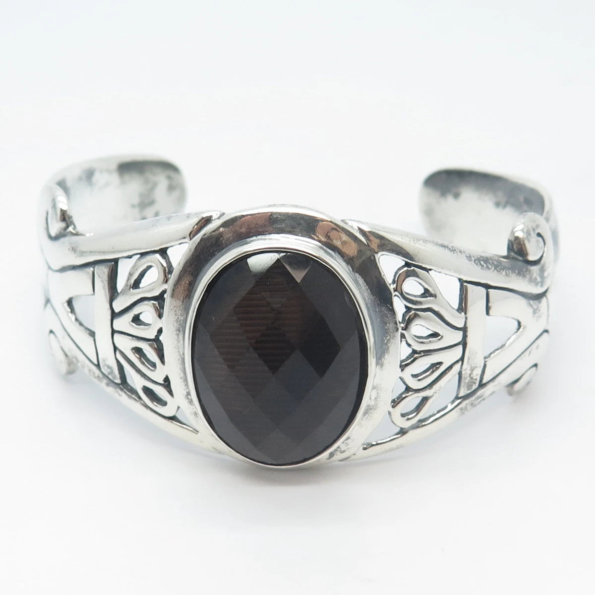 925 Sterling Silver Vintage Smoky Quartz Ornate Adjustable Cuff Bracelet 7.5"