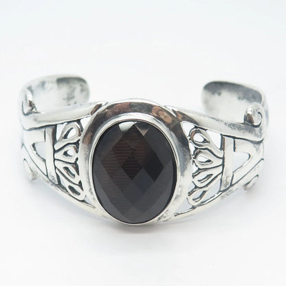 925 Sterling Silver Vintage Smoky Quartz Ornate Adjustable Cuff Bracelet 7.5"