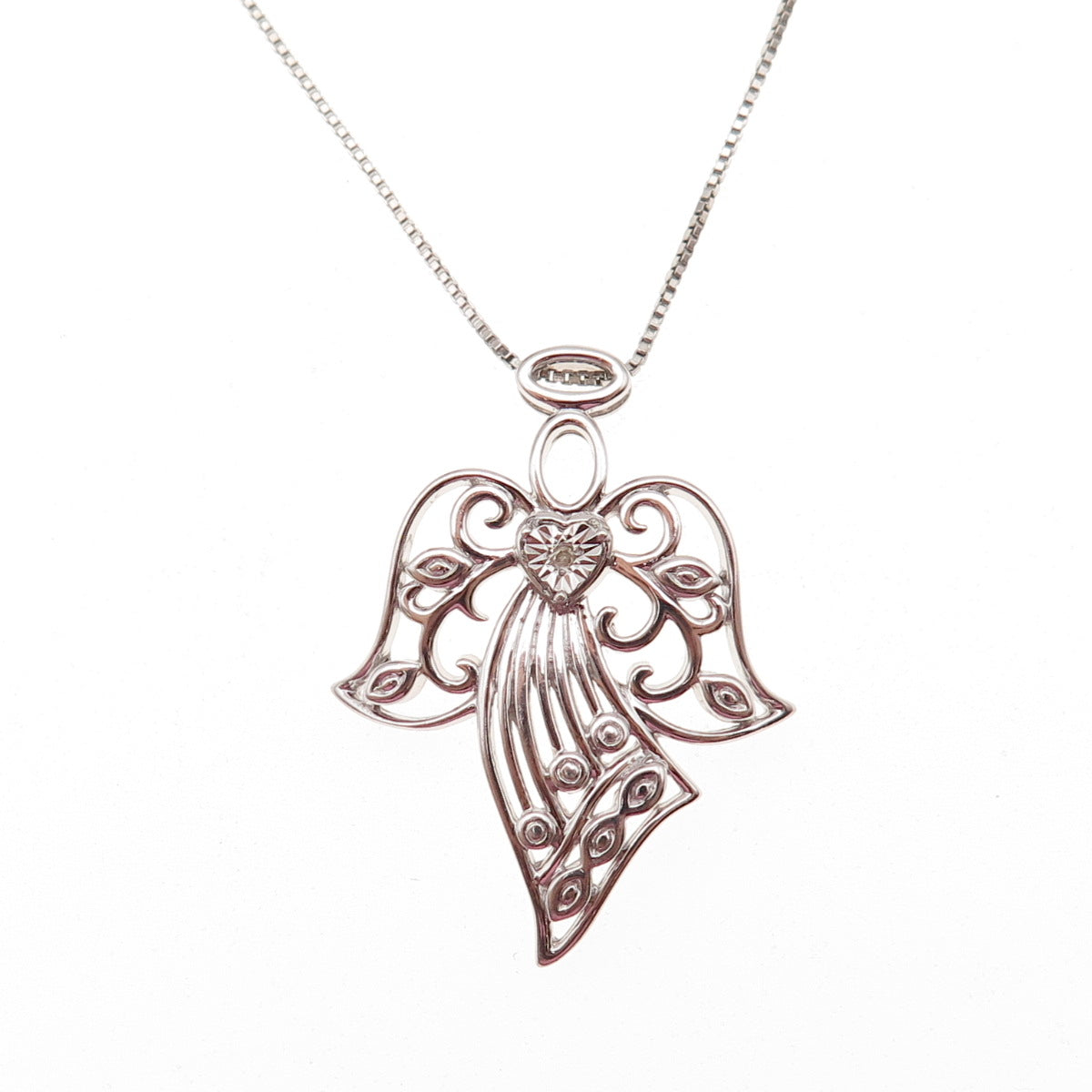 925 Sterling Silver Real Round-Cut Diamond Angel Box Chain Necklace 18"