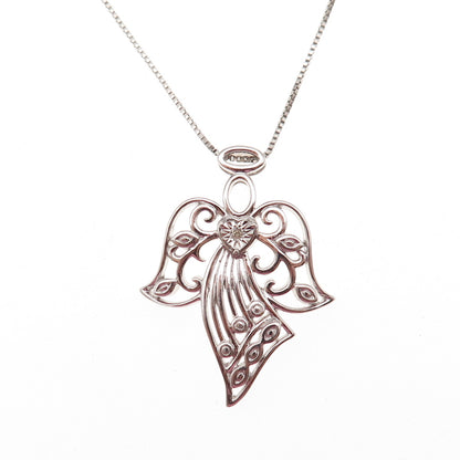 925 Sterling Silver Real Round-Cut Diamond Angel Box Chain Necklace 18"
