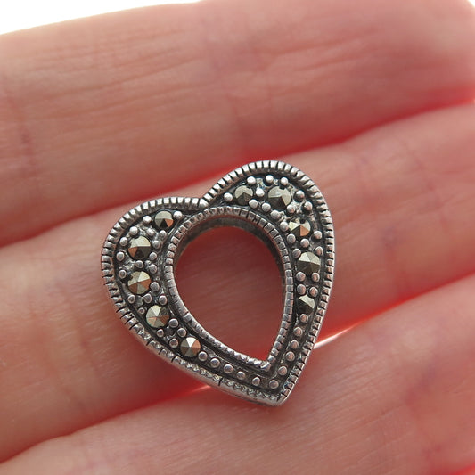 925 Sterling Silver Vintage Real Marcasite Heart Minimalist Slide Charm Pendant