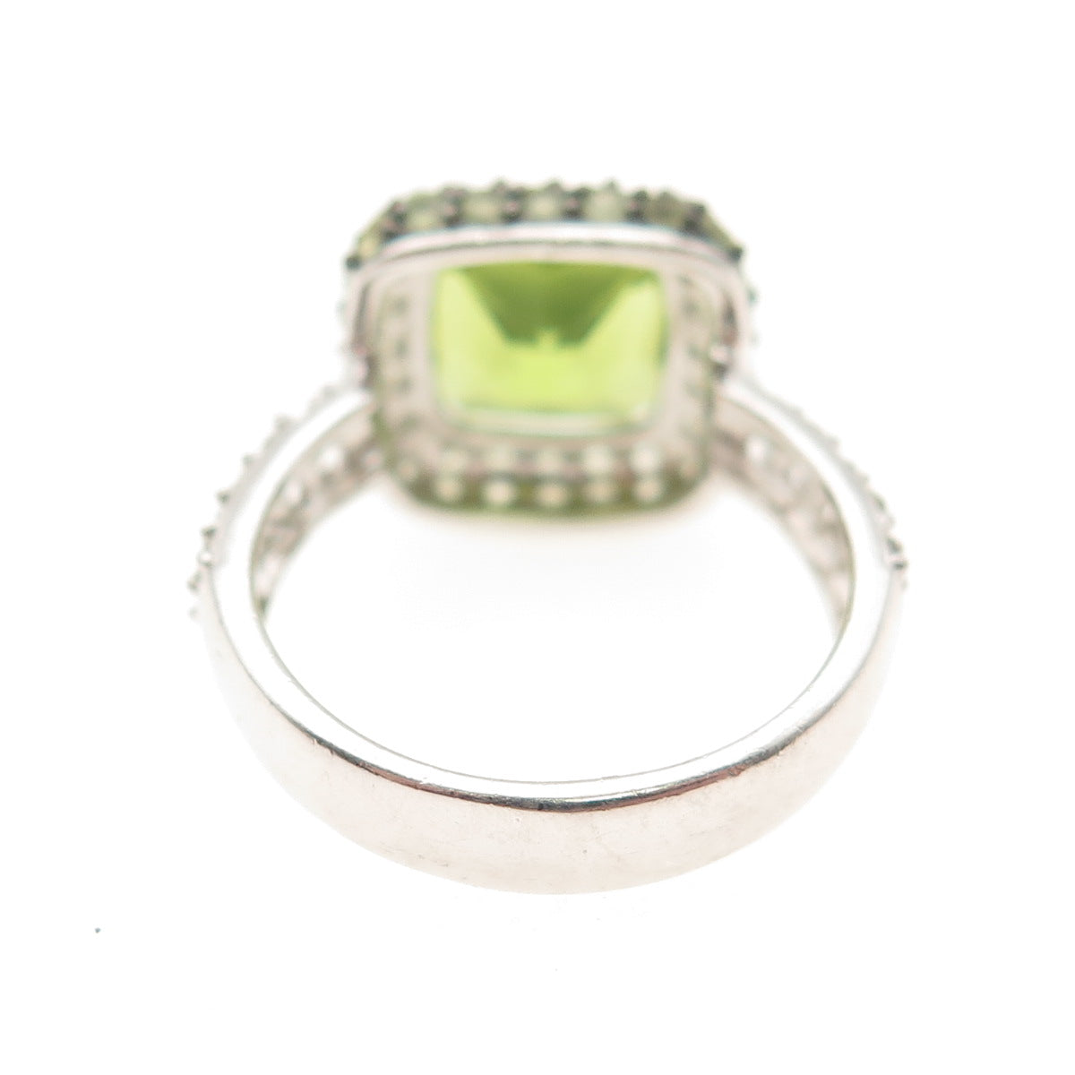 925 Sterling Silver Real Cushion & Round-Cut Peridot White Topaz Ring Size 7.25