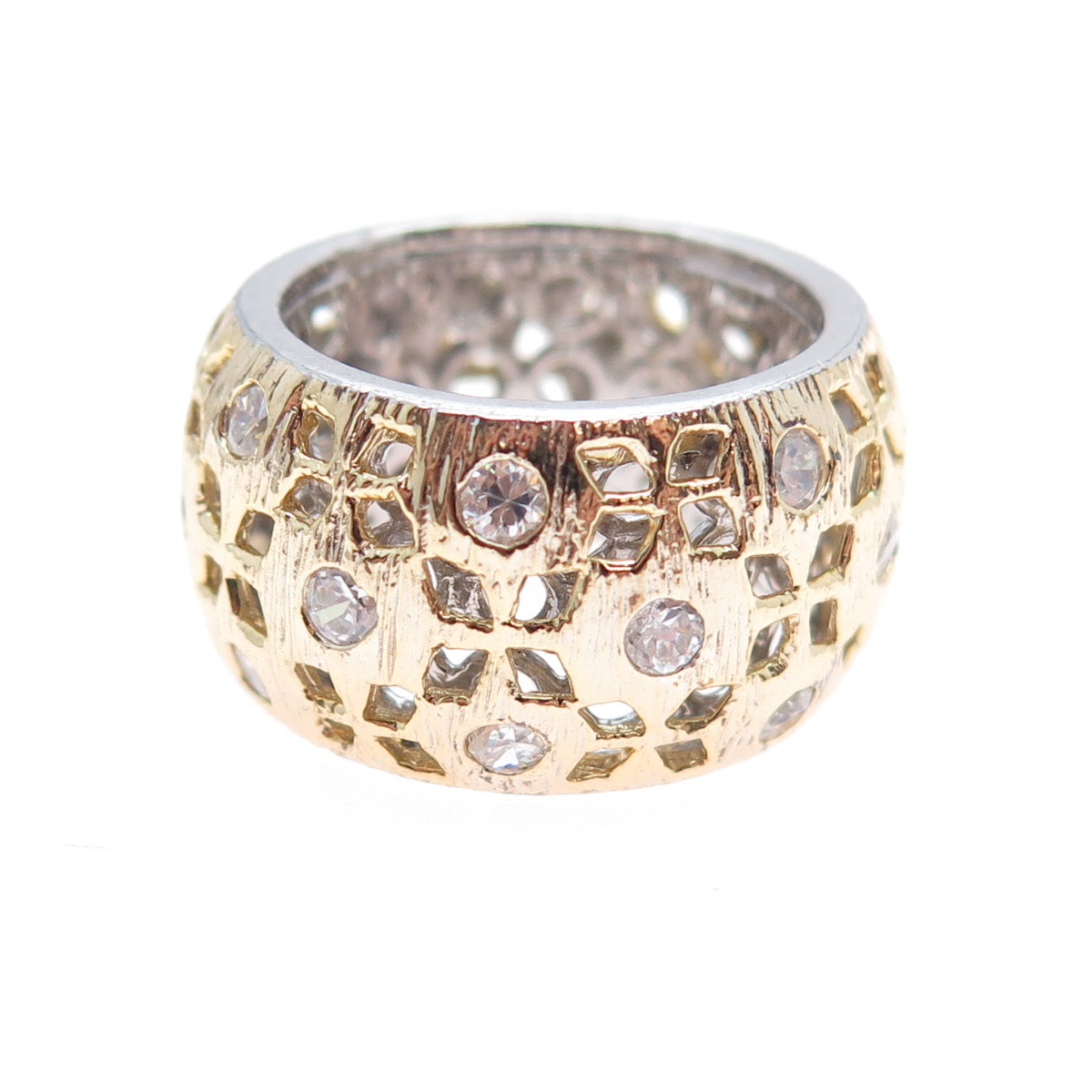 925 Sterling Silver 2-Tone Vintage Round-Cut C Z Flower Band Ring Size 6