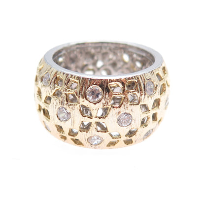 925 Sterling Silver 2-Tone Vintage Round-Cut C Z Flower Band Ring Size 6