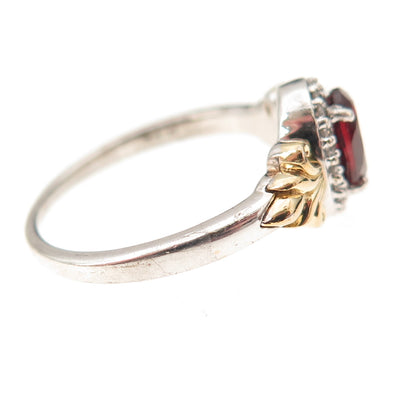Disney 925 Sterling Silver 2-Tone Real Diamond & Red Garnet Floral Ring Size 7
