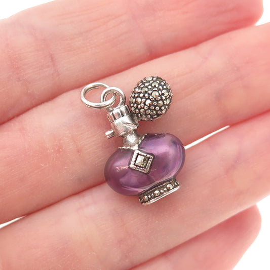 Judith Jack 925 Sterling Vintage Enamel Real Marcasite Perfume Bottle 3D Pendant