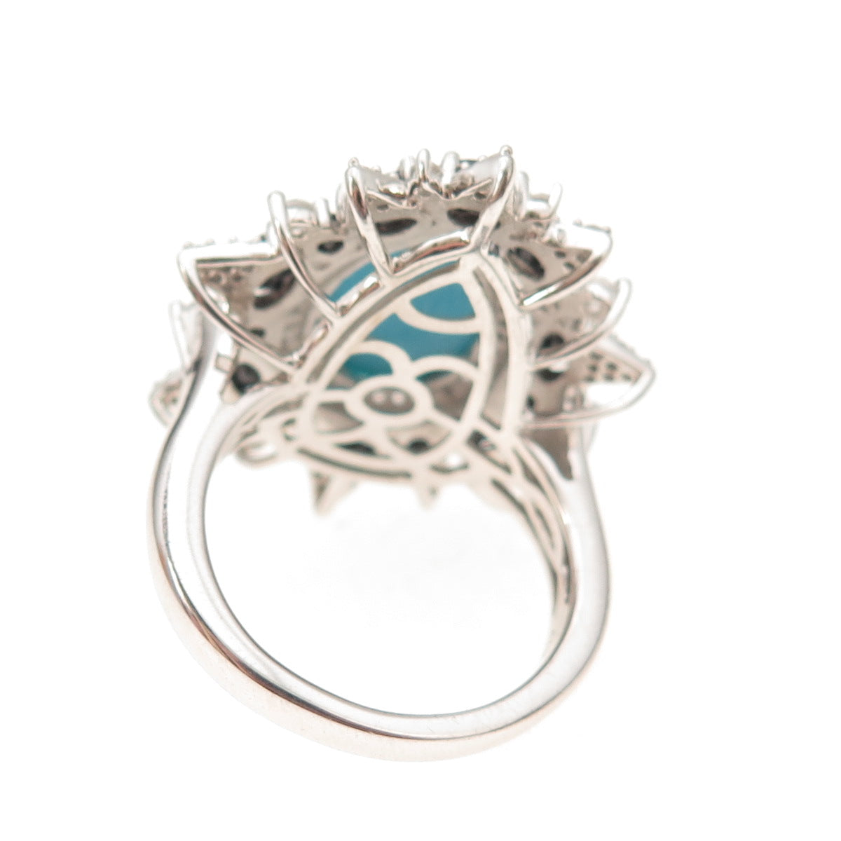 925 Sterling Silver Real Turquoise Black Spinel & White Topaz Floral Ring Size 8