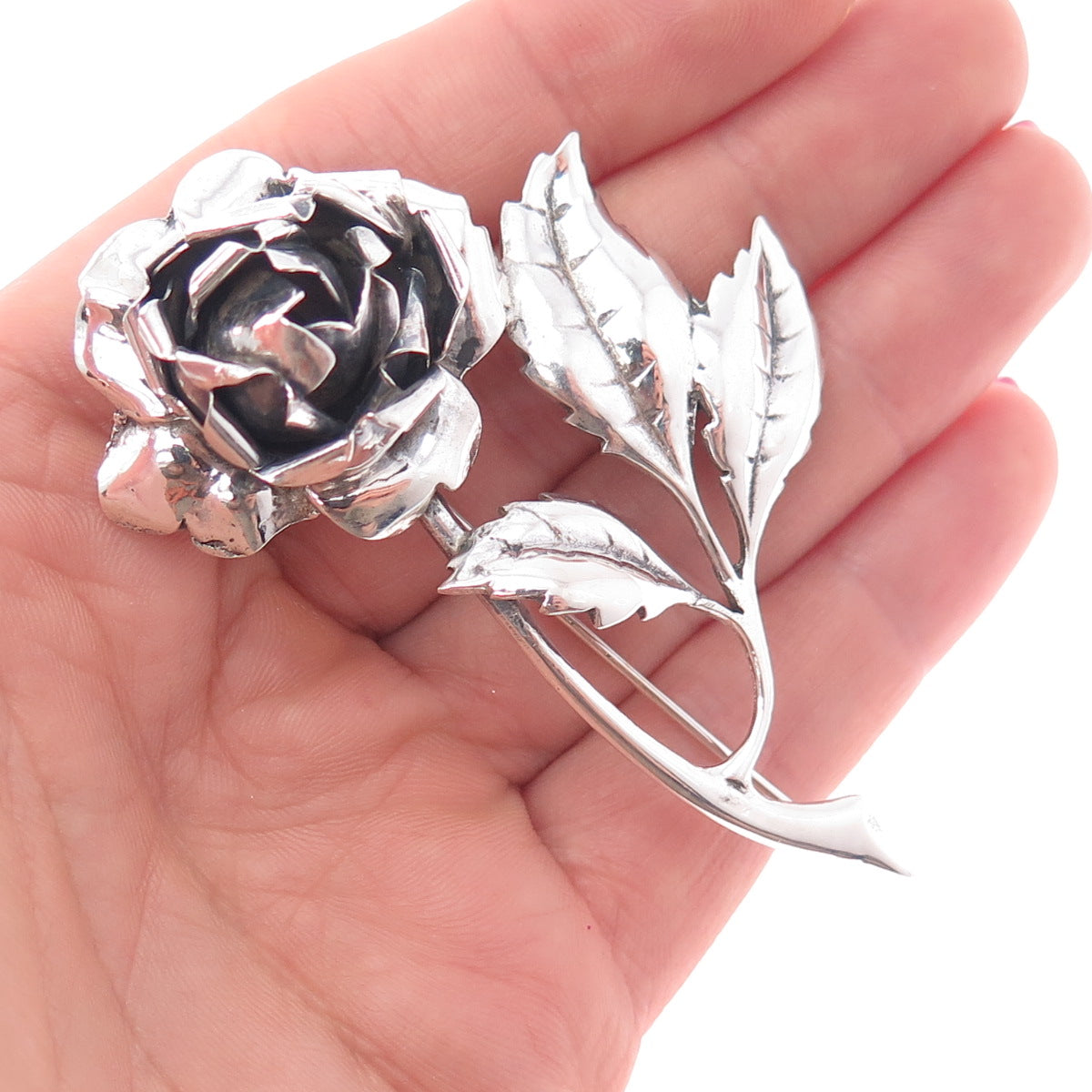 925 Sterling Silver Antique Art Deco Rose Flower Oxidized Pin Brooch