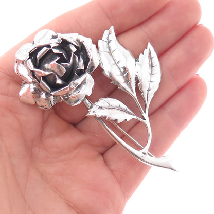925 Sterling Silver Antique Art Deco Rose Flower Oxidized Pin Brooch