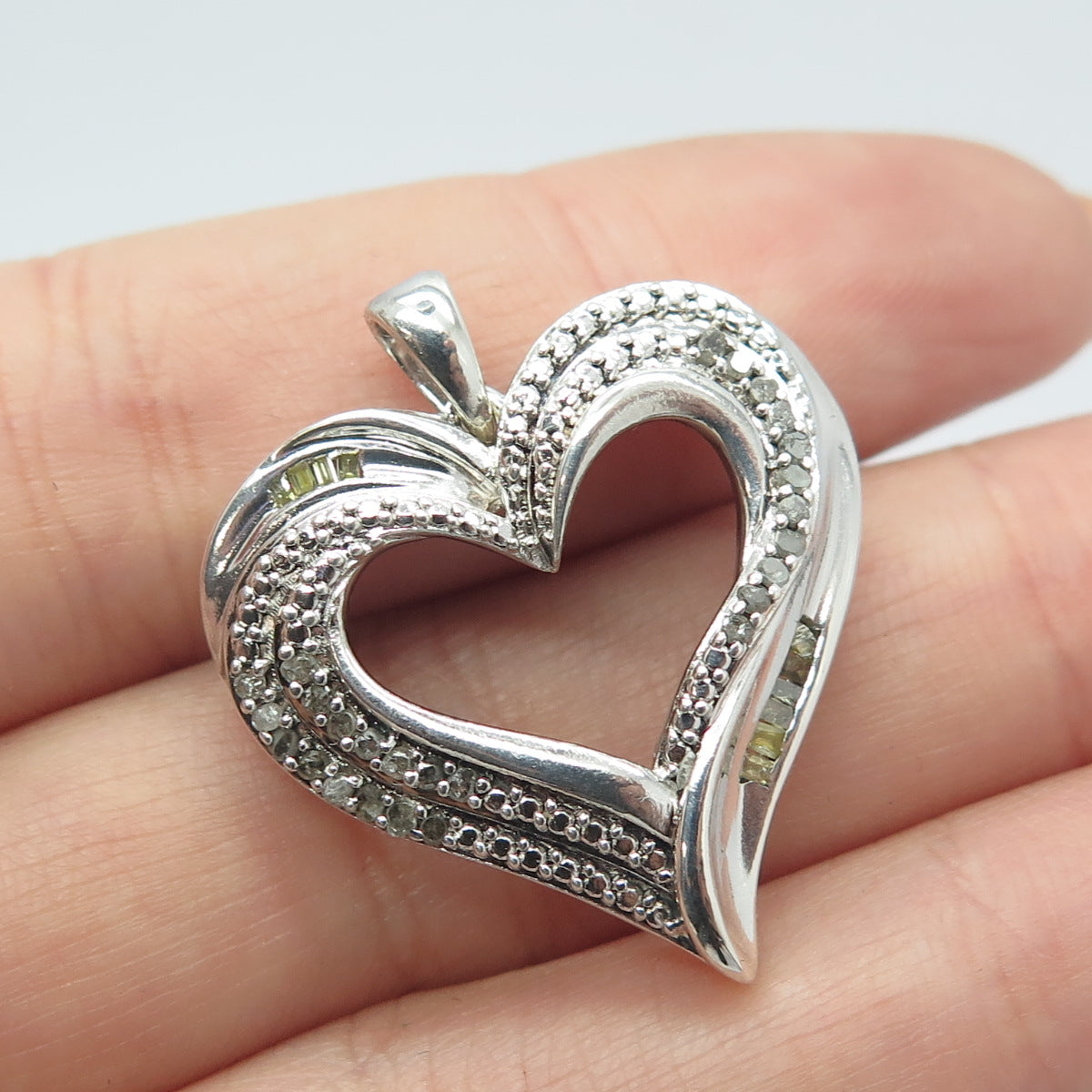 925 Sterling Silver Real Multi-Cut White & Canary Diamond Heart Pendant