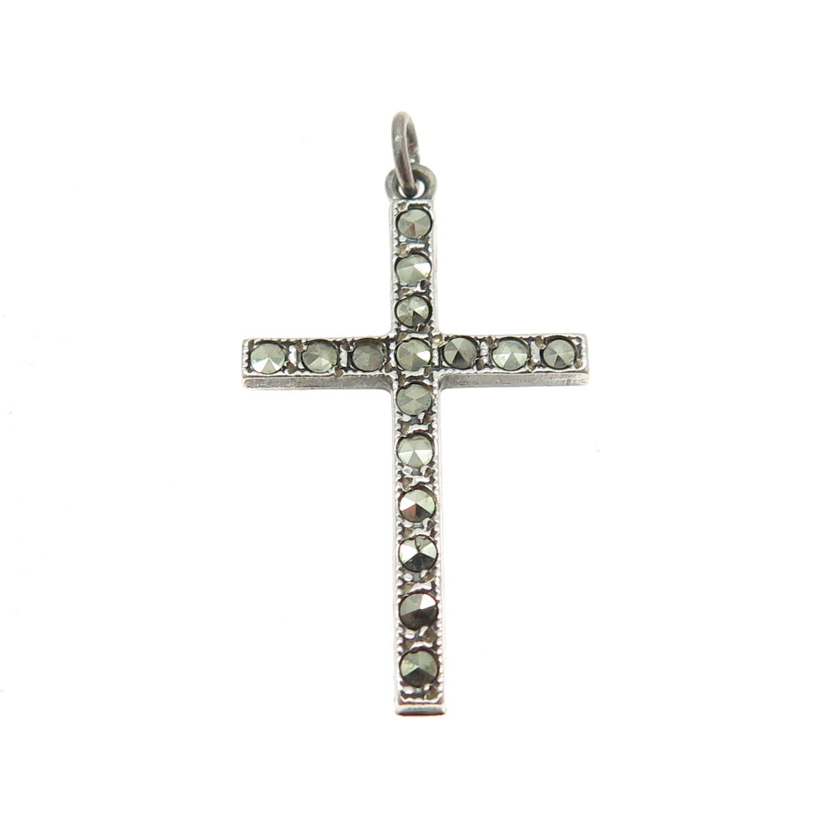 UNCAS 925 Sterling Silver Antique Art Deco USA Marcasite Gemstone Cross Pendant