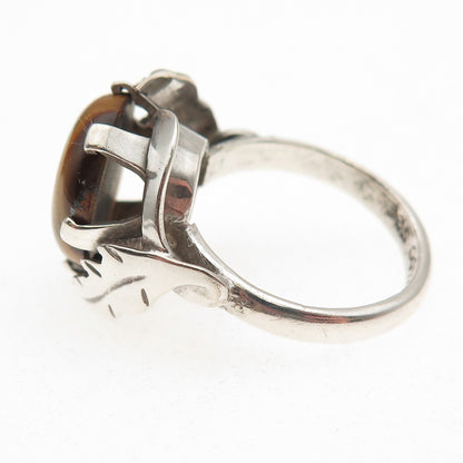 925 Sterling Silver Vintage Real Tiger Eye Feather Ring Size 6