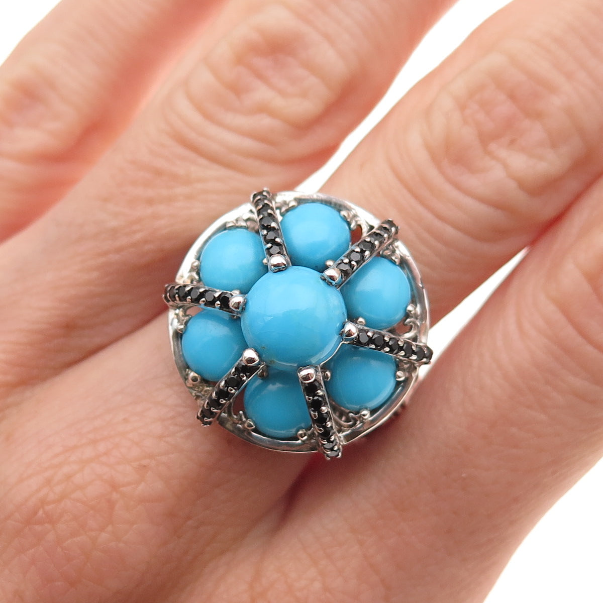 925 Sterling Silver Real Turquoise Black Spinel & Sapphire Ring Size 7