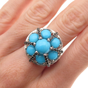 925 Sterling Silver Real Turquoise Black Spinel & Sapphire Ring Size 7