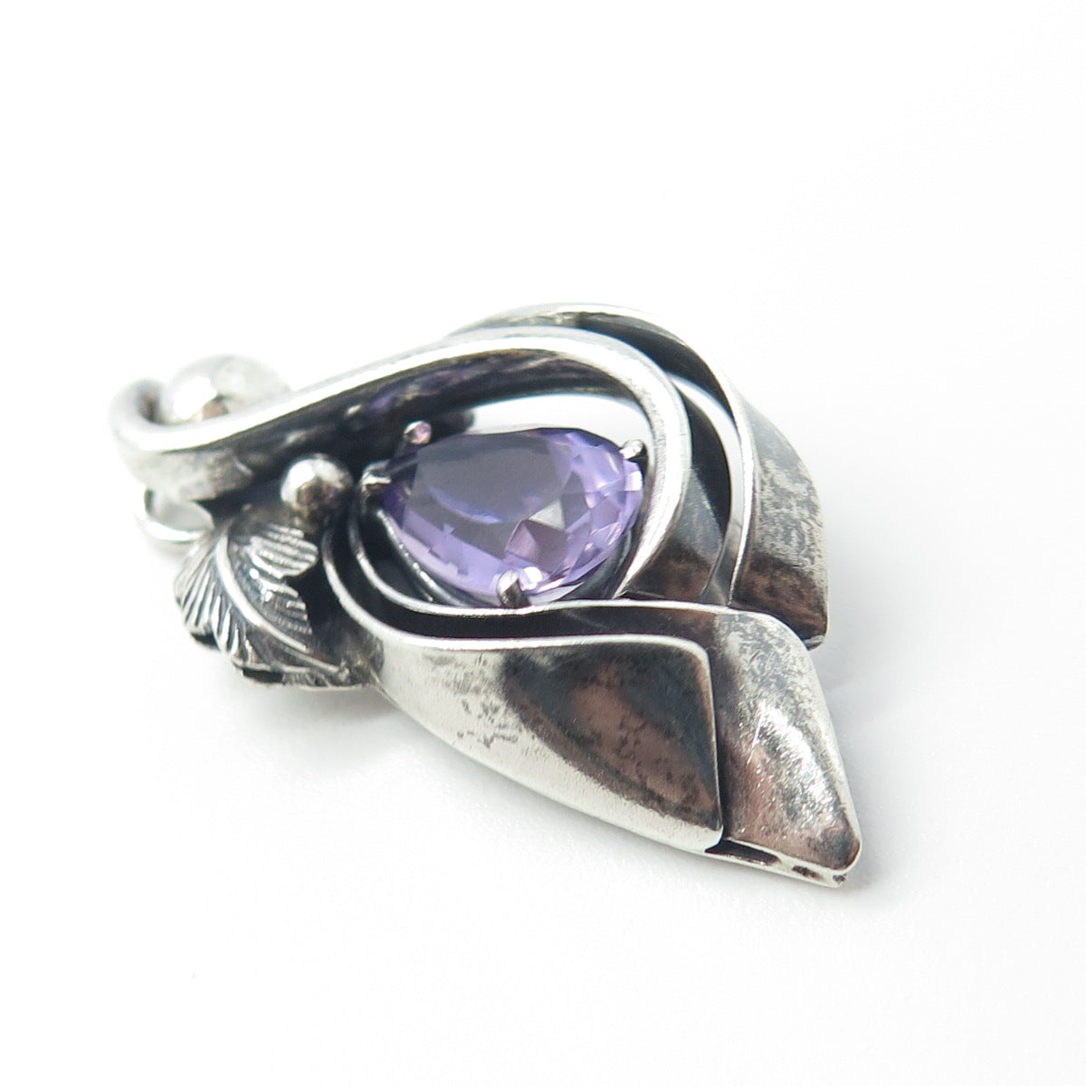 925 Sterling Silver Vintage Real Amethyst Gemstone Leaf Modernist Slide Pendant