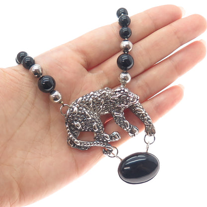 925 Sterling Silver Vintage Real Black Onyx Panther Oxidized Beaded Necklace 20"