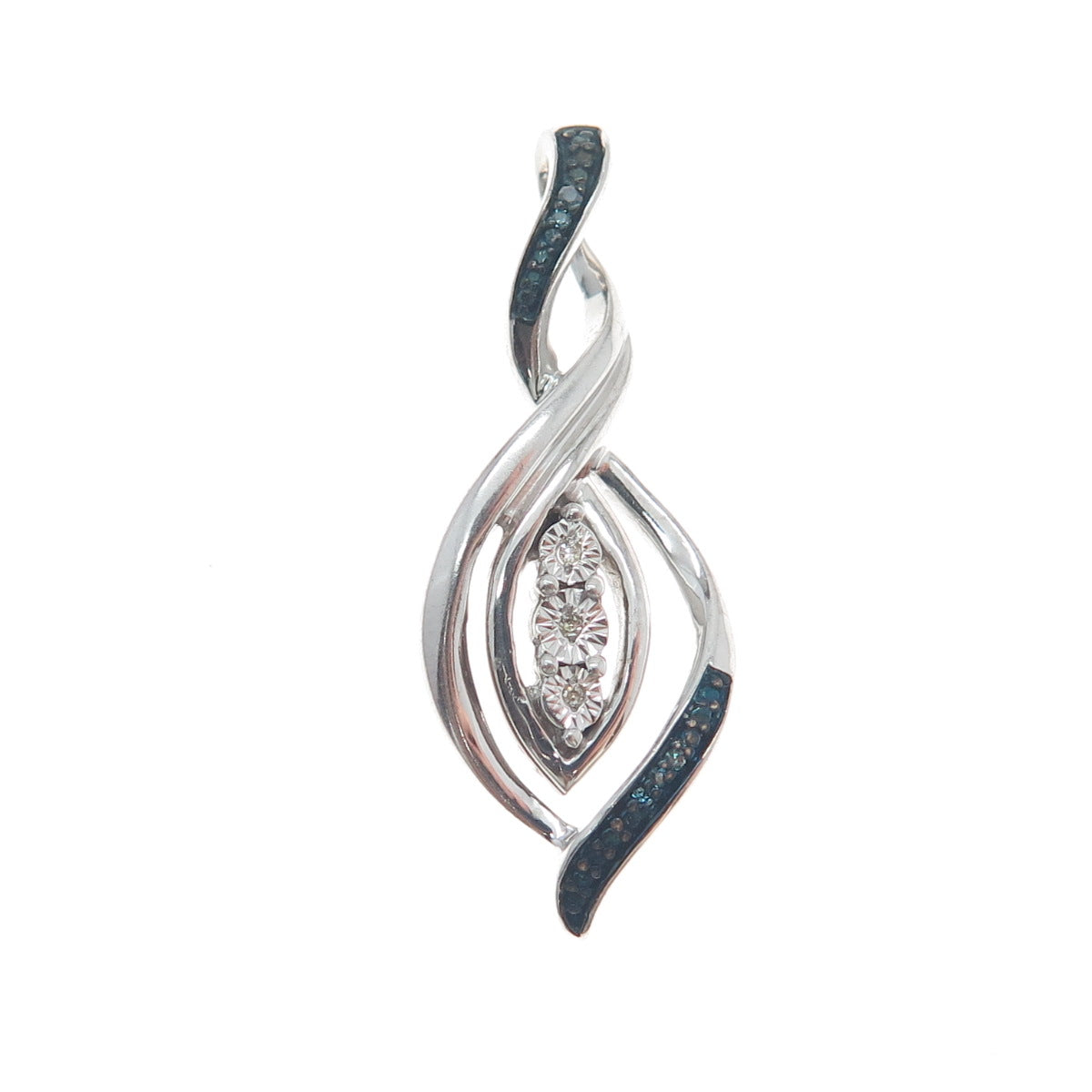 925 Sterling Silver Real Round-Cut White & Blue Diamond Twisted Pendant