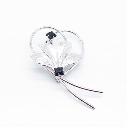 925 Sterling Silver Vintage Black Rhinestone Leaf Floral Pin Brooch