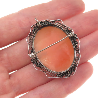 925 Sterling Silver Antique Victorian Real MOP Lady Cameo Pin Brooch / Pendant
