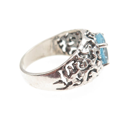 925 Sterling Silver Vintage Real Blue Topaz Modernist Oxidized Ring Size 9