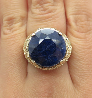 925 Sterling Silver Gold Plated Real Round-Cut Sapphire Ornate Ring Size 7