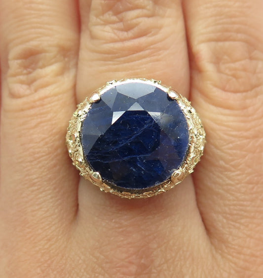 925 Sterling Silver Gold Plated Real Round-Cut Sapphire Ornate Ring Size 7
