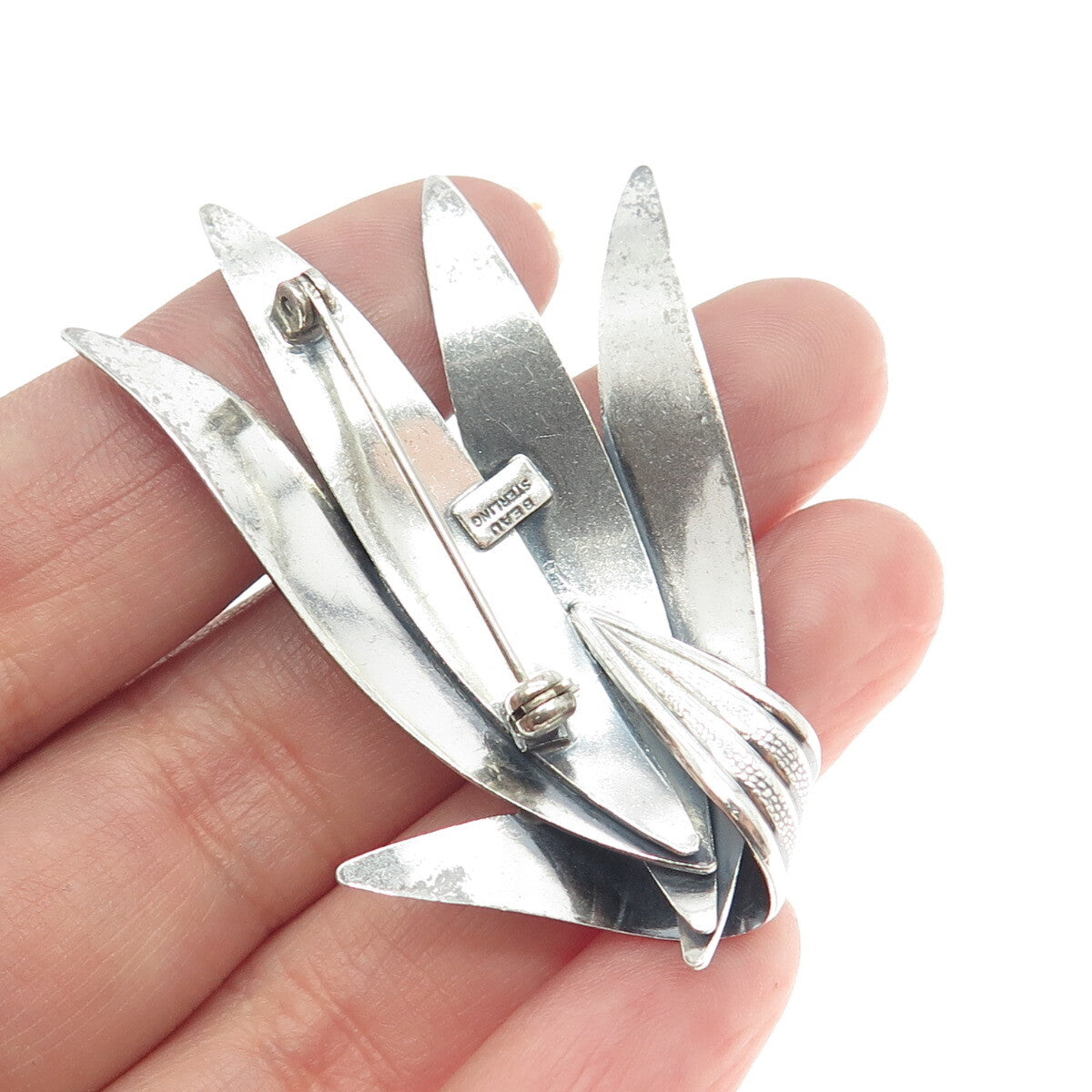 BEAU 925 Sterling Silver Vintage Palm Frond Leaves Pin Brooch