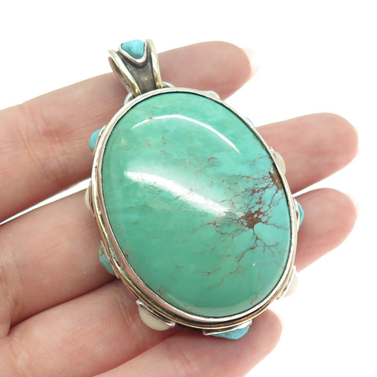 925 Sterling Silver 18K Yellow Gold Vintage Real Turquoise & White Coral Pendant