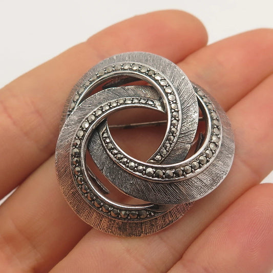 925 Sterling Silver Vintage Real Marcasite Gemstone Pin Brooch