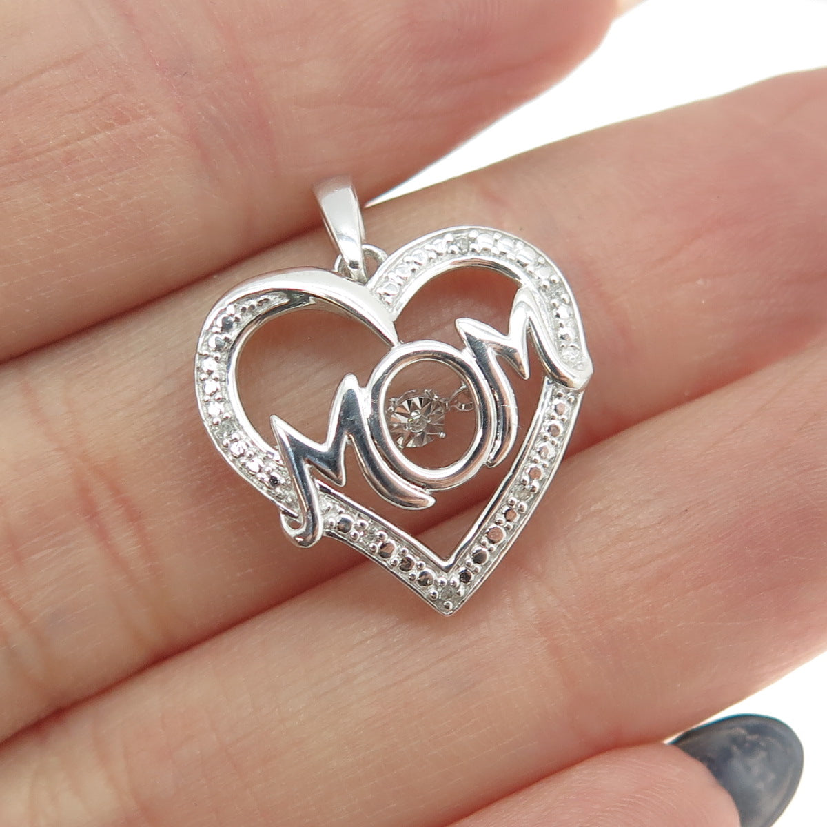 925 Sterling Silver Real Round-Cut Diamond "MOM" Heart Pendant