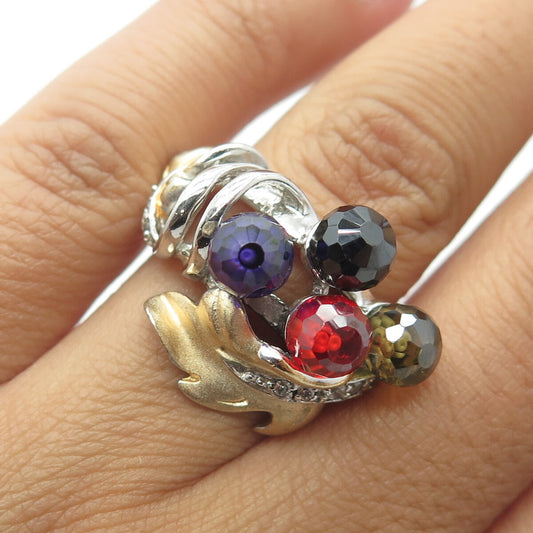 925 Sterling Silver 2-Tone C Z & Multi-Color Crystal Ball Beaded Ring Size 6.5
