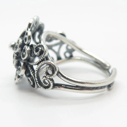 925 Sterling Silver Vintage Beau Swirl Heart Adjustable Ring Size 6